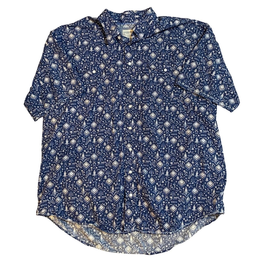 Panhandle Rough Stock Mens XXL Blue Geometric Tribal Pearl Snap Western Shirt‎